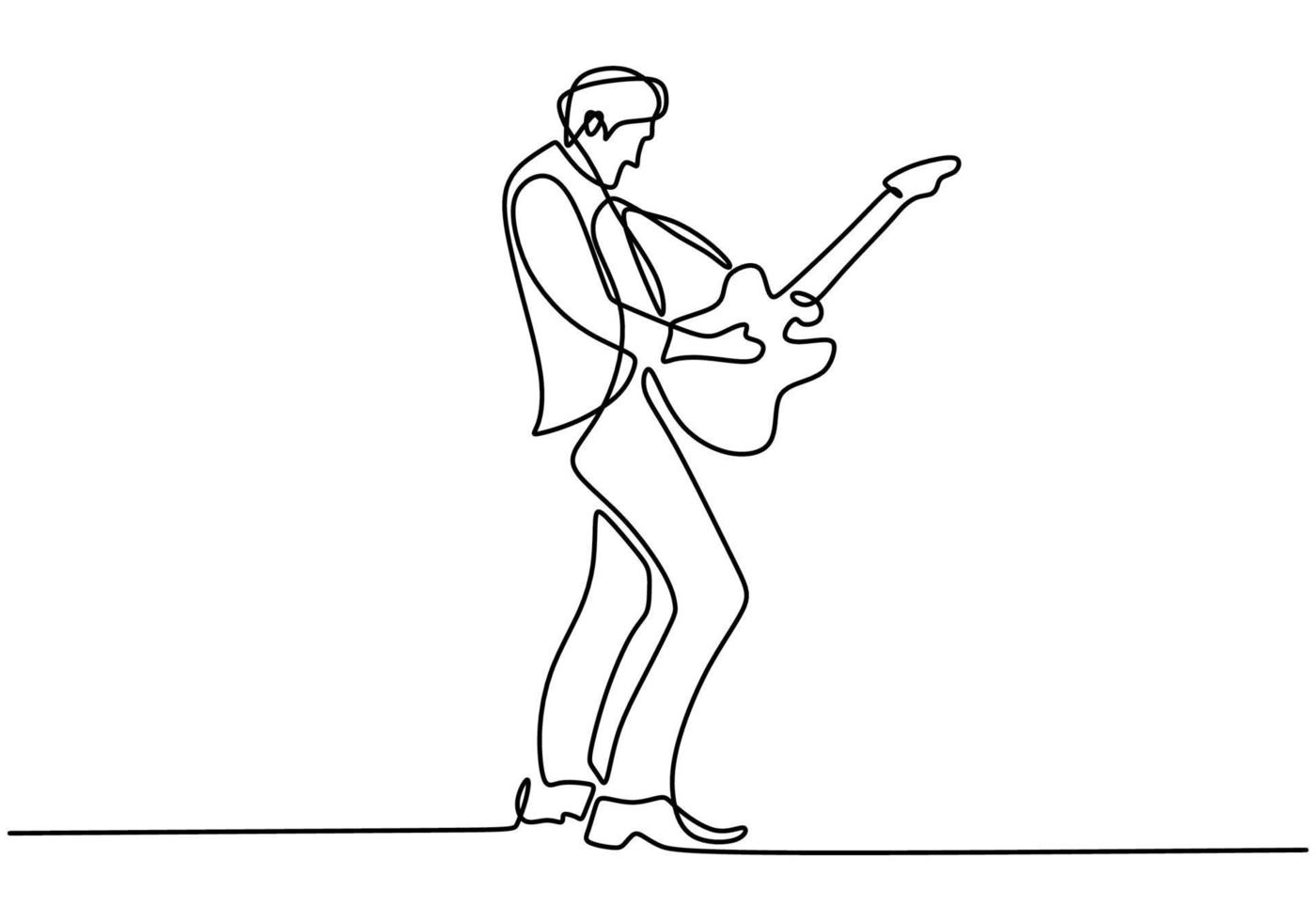 dibujo de una sola línea de joven tocando la guitarra en una fogata. un hombre que estaba acampando actuaba con una guitarra en una fogata aislada sobre fondo blanco. camping por concepto de vacaciones vector