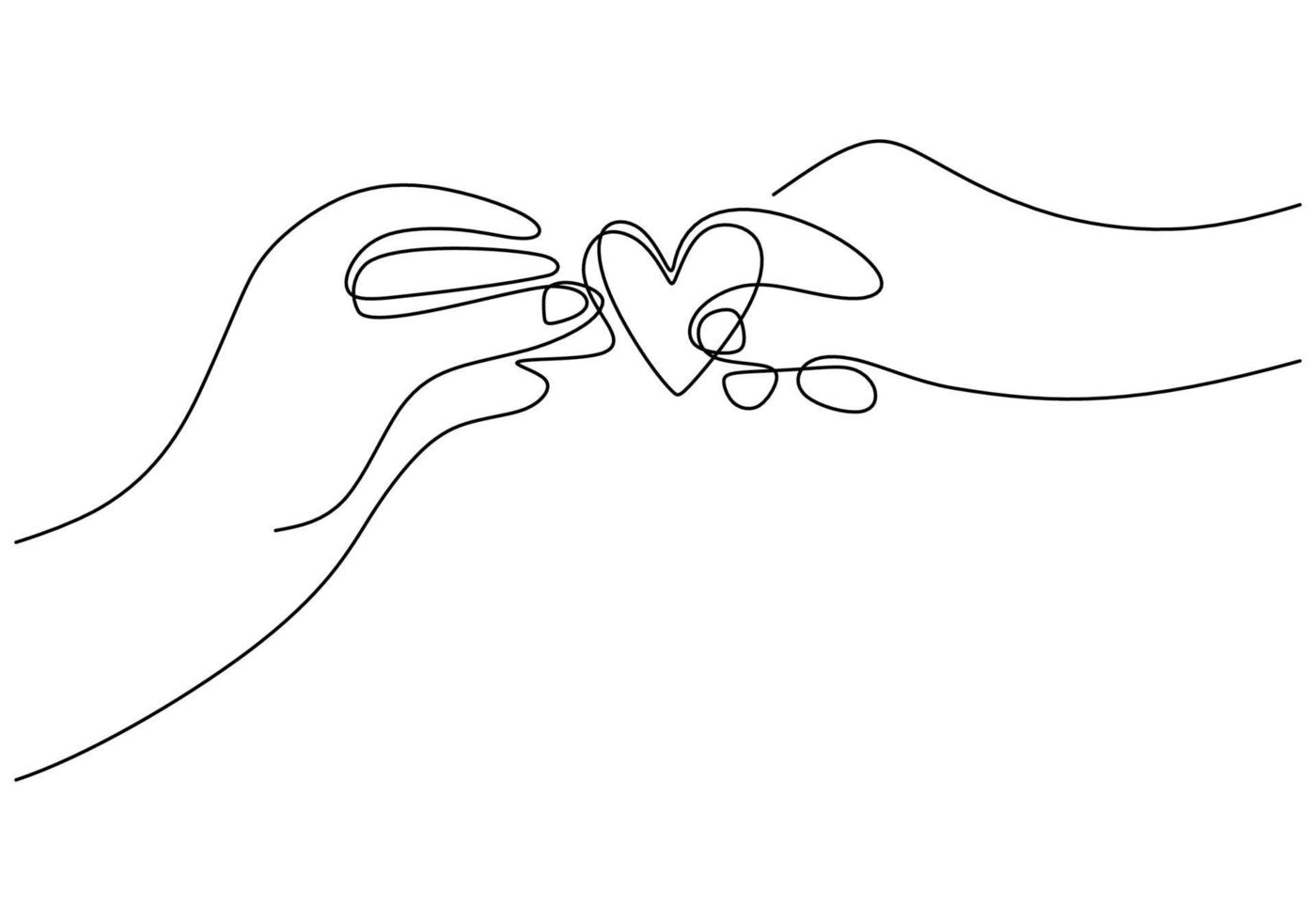 dibujo continuo de una línea de manos sosteniendo el corazón. La mano de una persona recibe un símbolo de amor de la mano de otra persona aislada sobre fondo blanco. tema de la historia de amor. ilustración de diseño vectorial vector