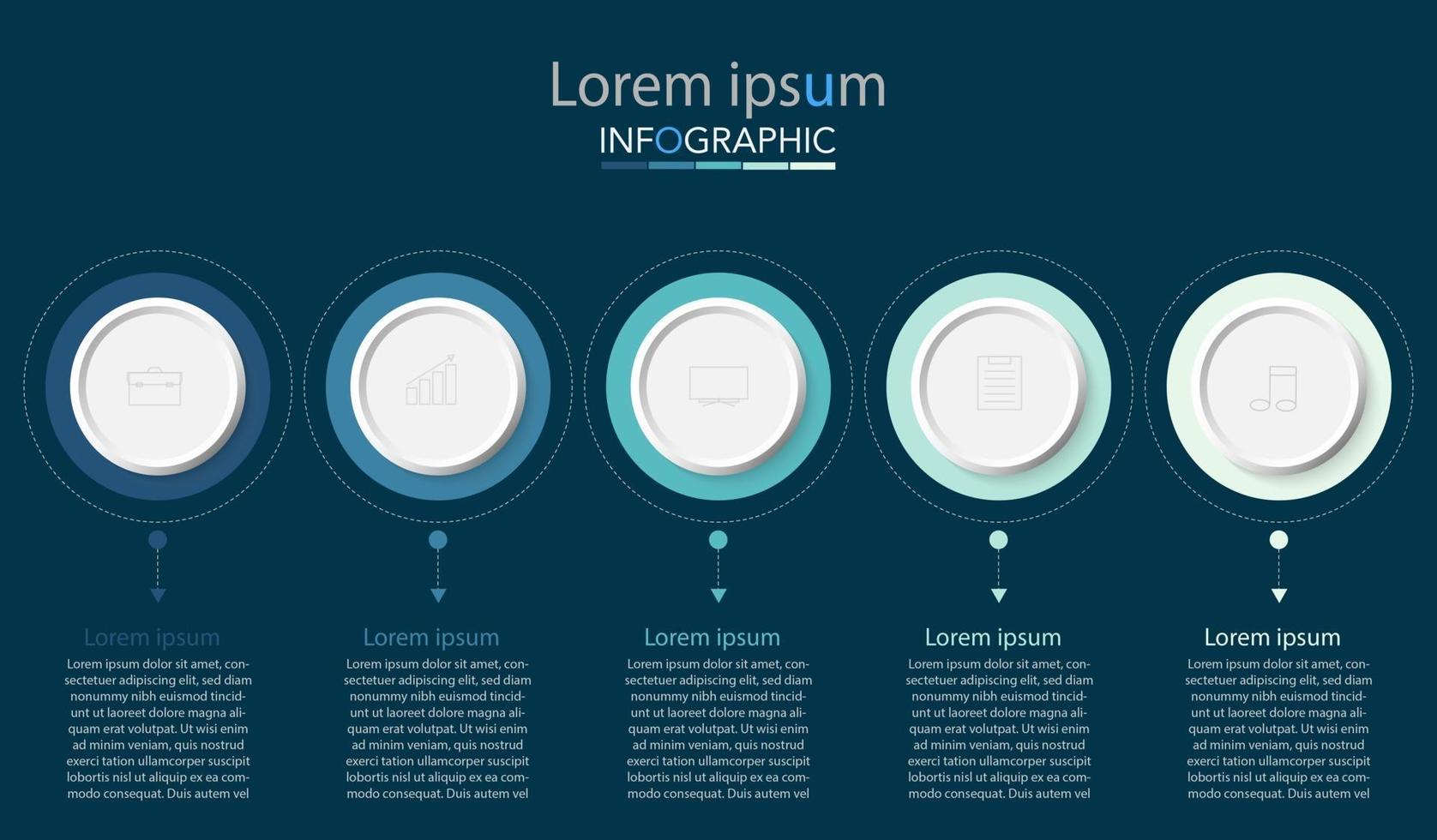 Plantilla de infografía de círculo de línea de tiempo mínima cinco opciones o pasos. vector