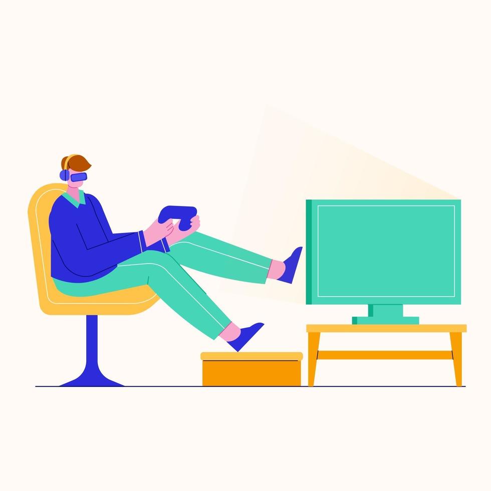 Young man playing video game at home. Cross-platform gaming concept illustration. vector
