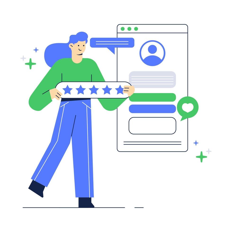 Illustration of people give feedback on application. Customer review website page. vector