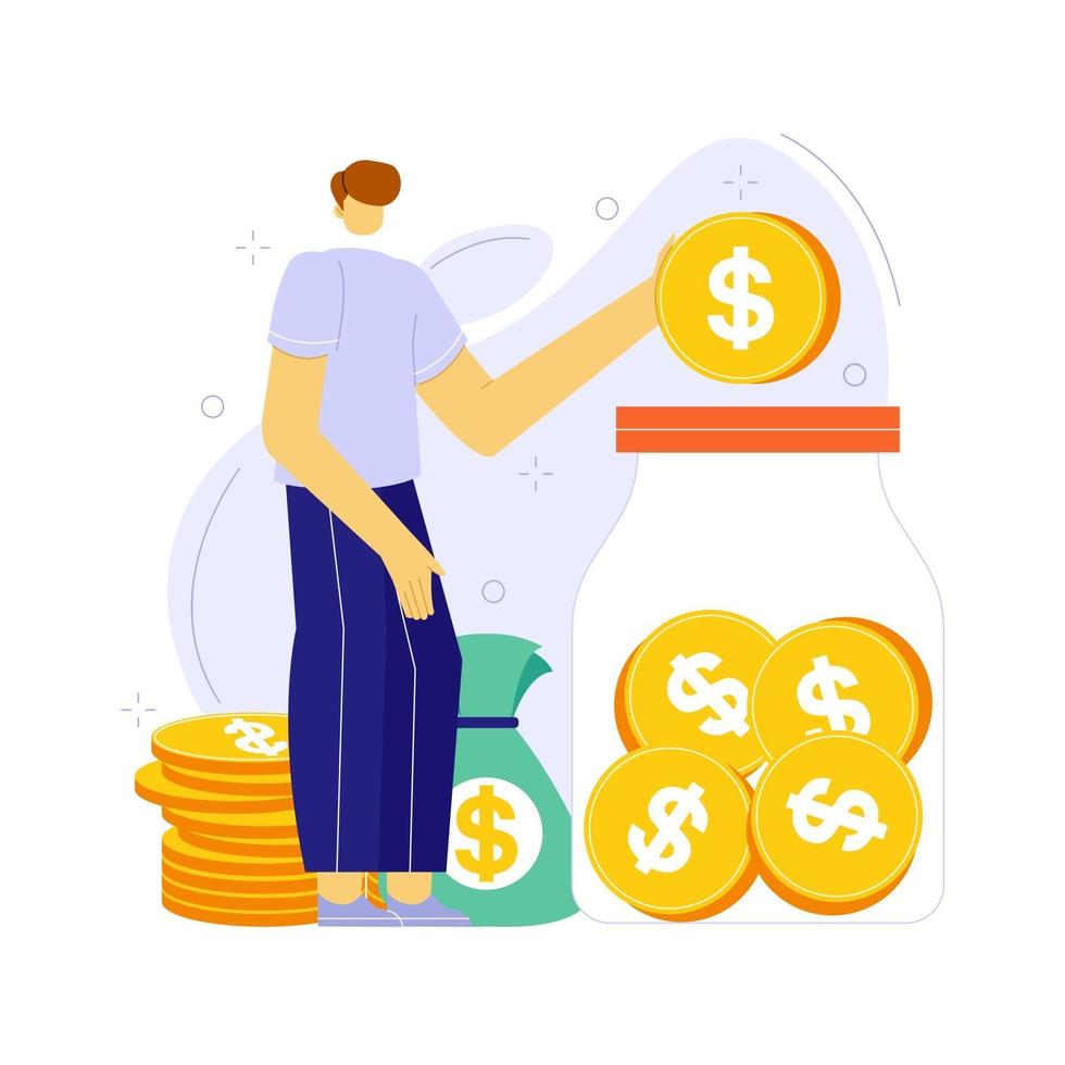 Vector illustration of people saving money into jar or box. Budget planning concept.