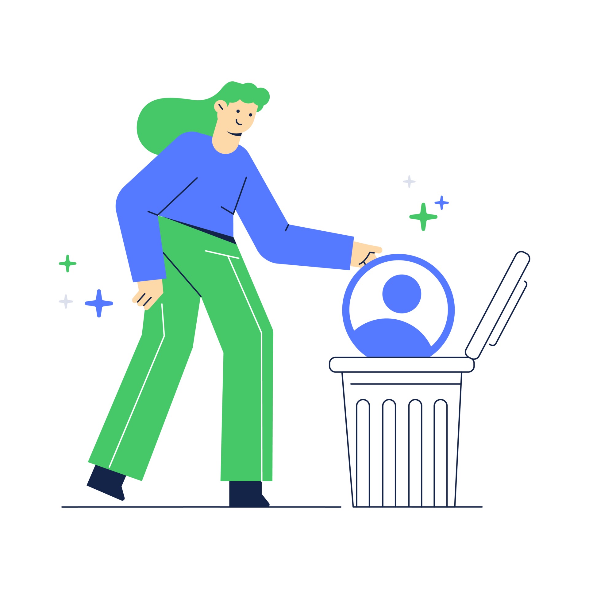 Vector illustration of delete a social media account. Women throws