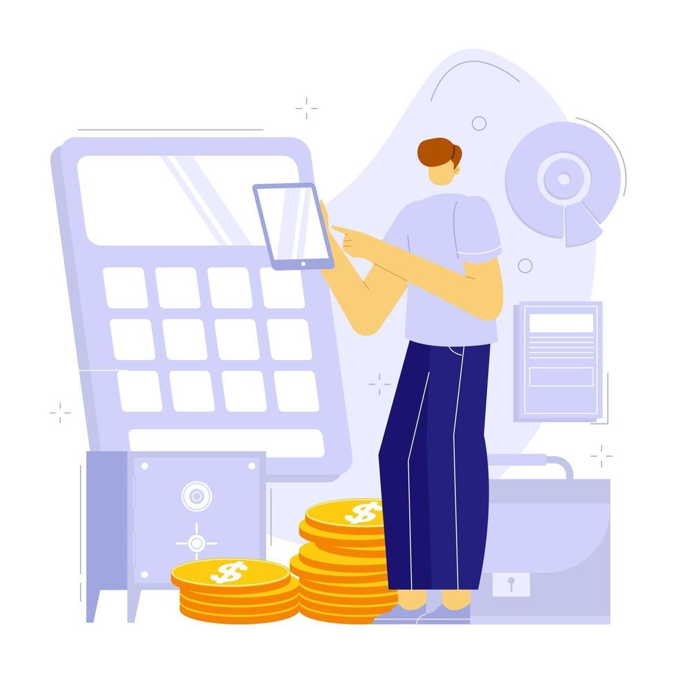 Vector illustration of budget or financial planning. Calculator, safe, document, smartphone, diagram chart.