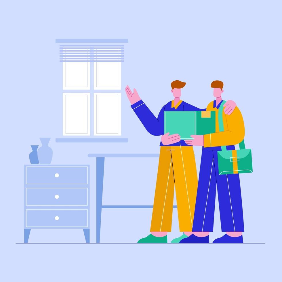 Illustration of young man loses job because company closing. Business shutdown, sad jobless. vector