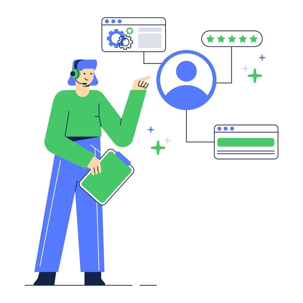 Illustration of customer service website page. Female hotline operator technical support. vector