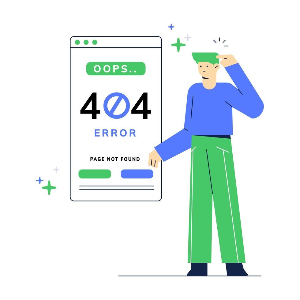 404 error website page vector illustration. Man with error page views the mobile application