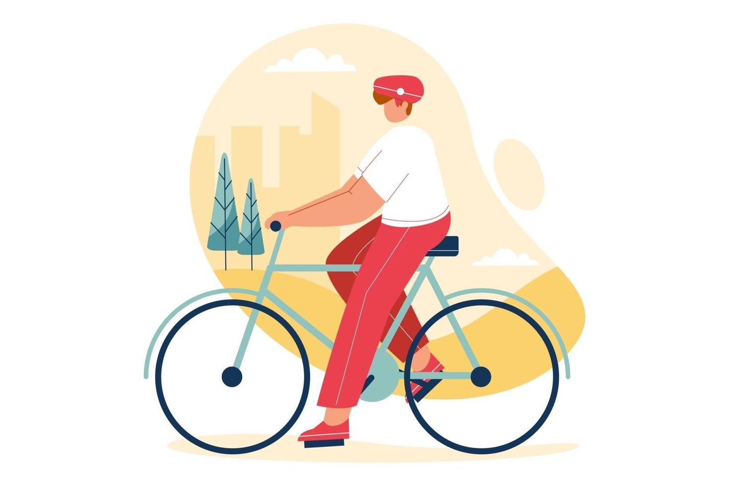 Person exercises on bike at city park. Healthy lifestyle vector illustration concept.