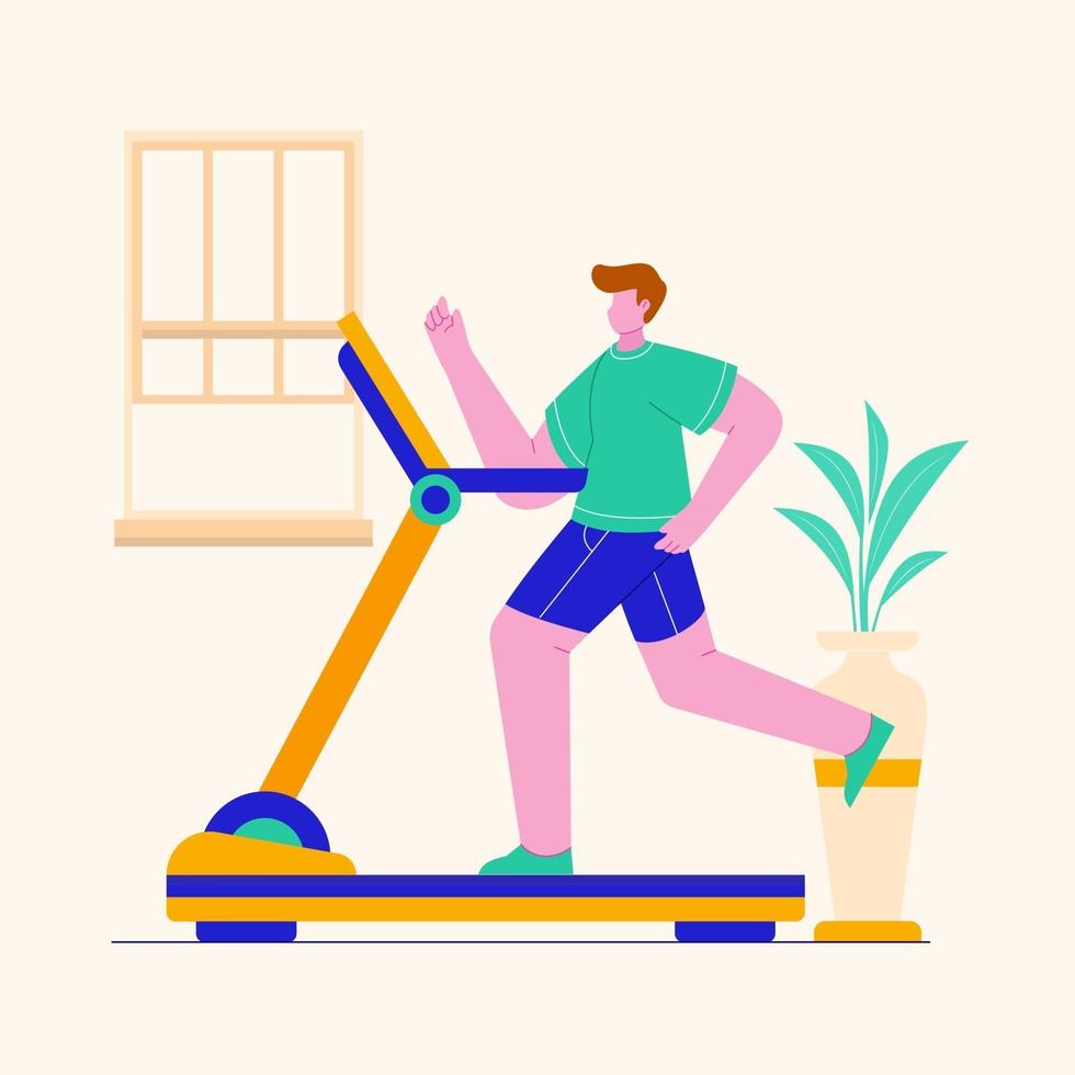 Character are exercising on treadmill at home. Healthy life. Weight loss. vector