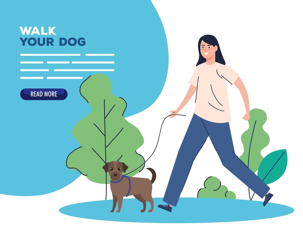 woman walking the dog in the park banner template vector