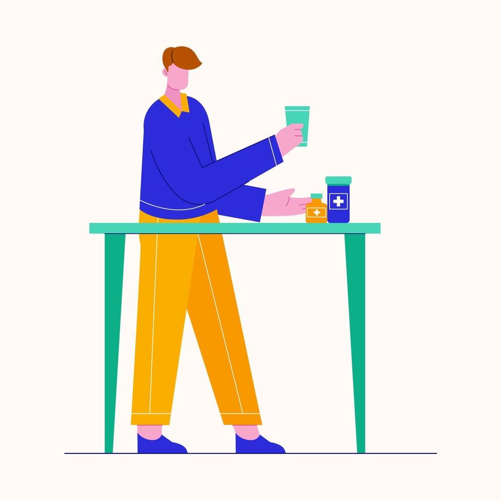 hombre bebiendo agua de una taza. Ilustración de concepto de estilo de vida saludable en estilo plano. vector