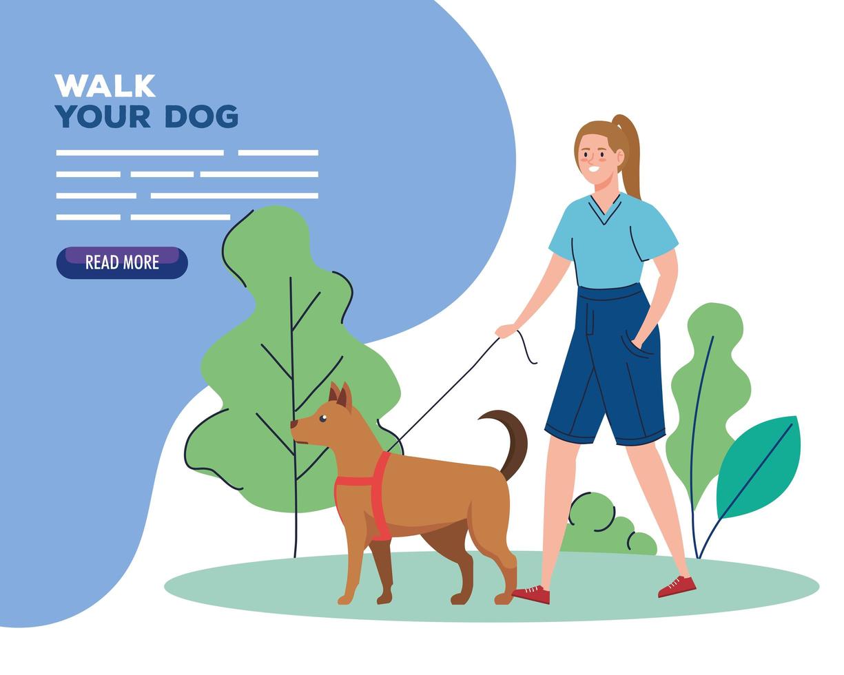 woman walking the dog in the park banner template vector