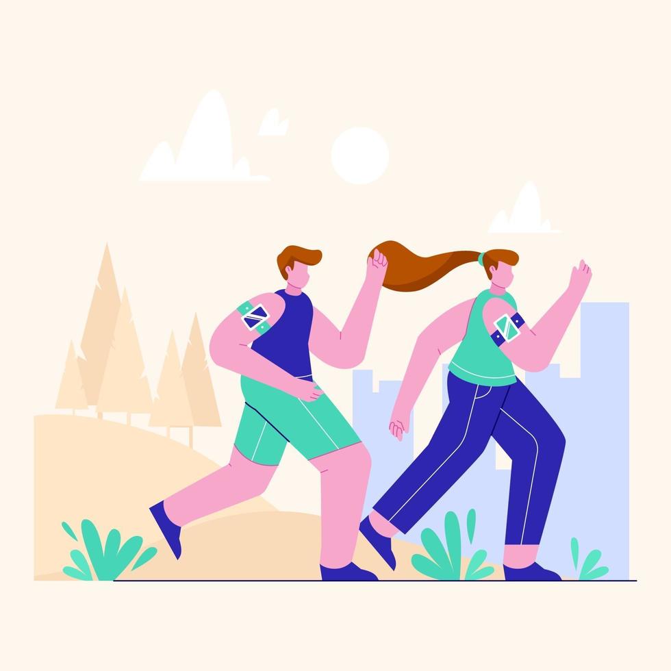 Illustration of people running in city public park. Couple man and woman. vector