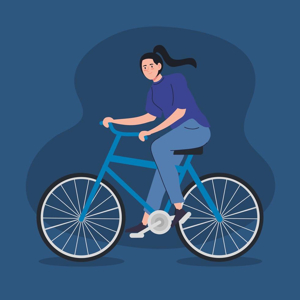 mujer joven montando un personaje de avatar en bicicleta vector