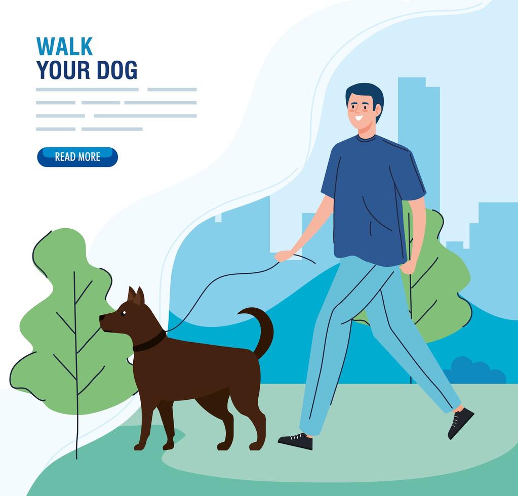 Man walking the dog in the park banner template vector