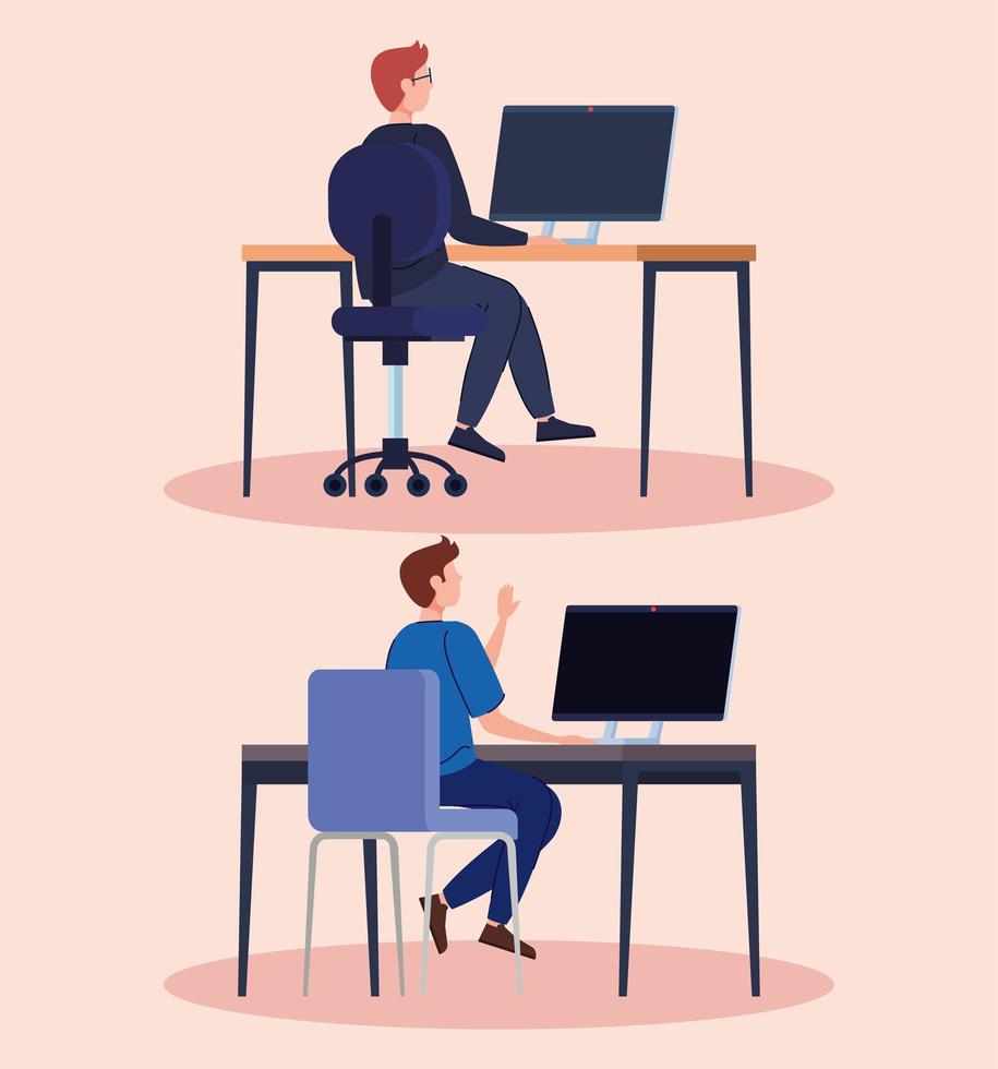 Men on the computer, working on desks vector