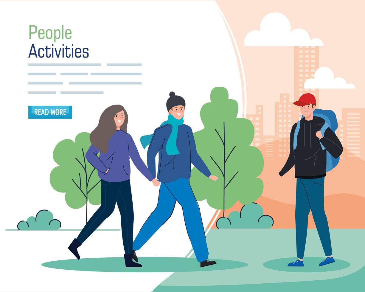 Banner with a young people walking outdoors vector