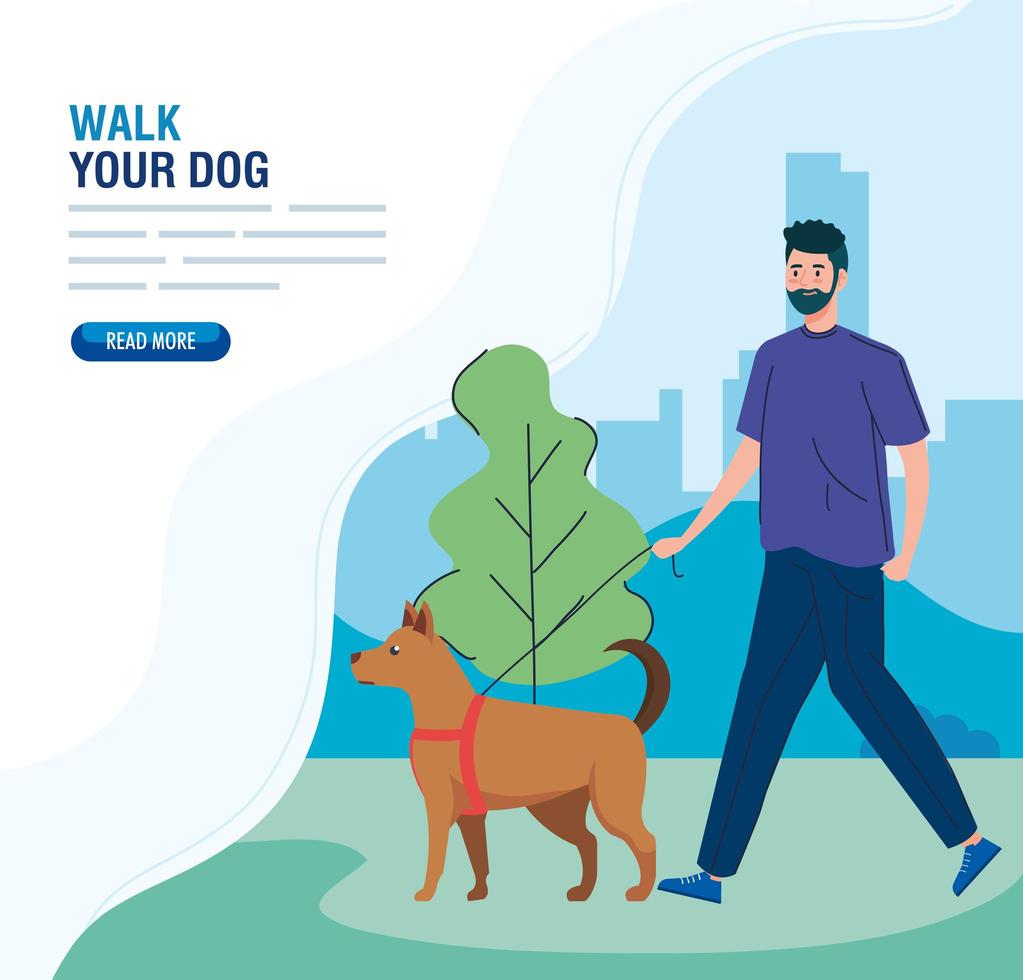 hombre paseando al perro en la plantilla de banner del parque vector