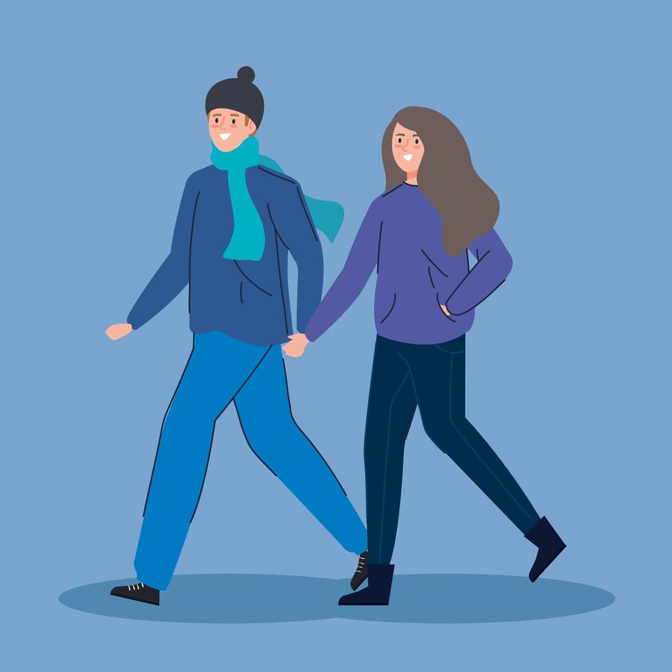 pareja joven caminando personaje avatar vector