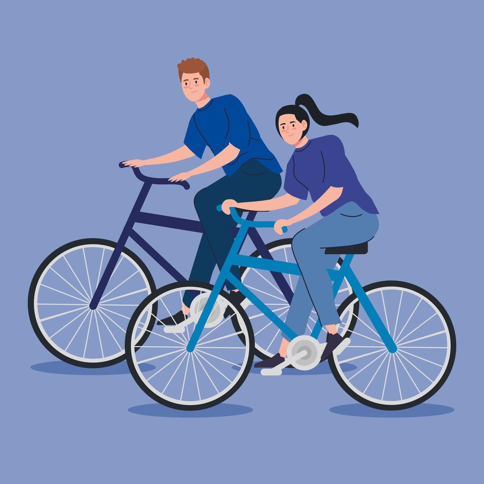 young couple riding bikes vector