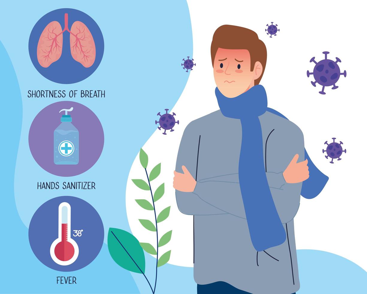 Young man with covid 19 symptoms infographic vector