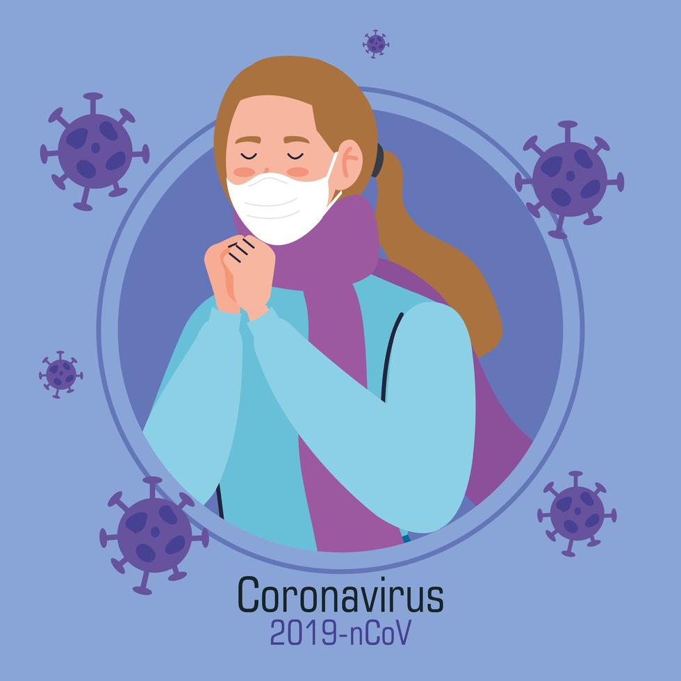 Young woman wearing a face mask with covid 19 symptoms vector