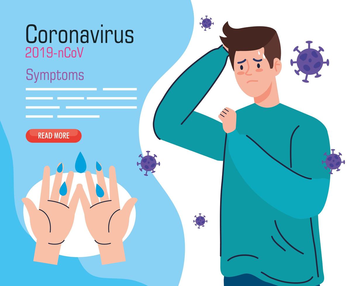 Young man with covid 19 symptoms infographic vector