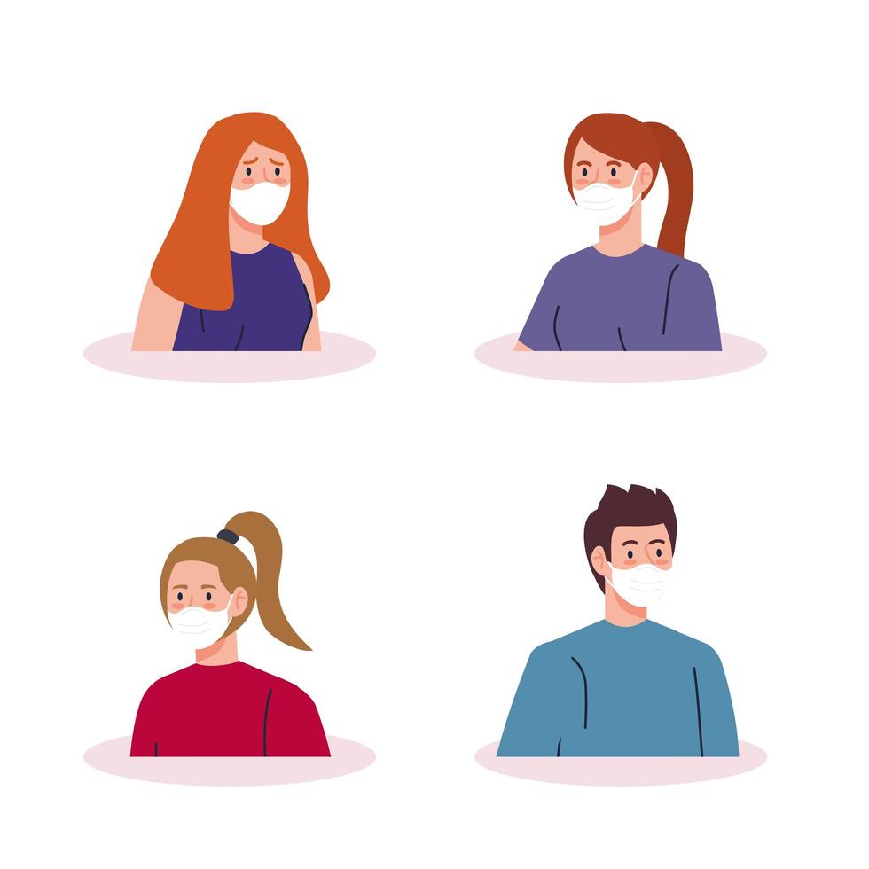 Young people wearing face masks avatar icons vector