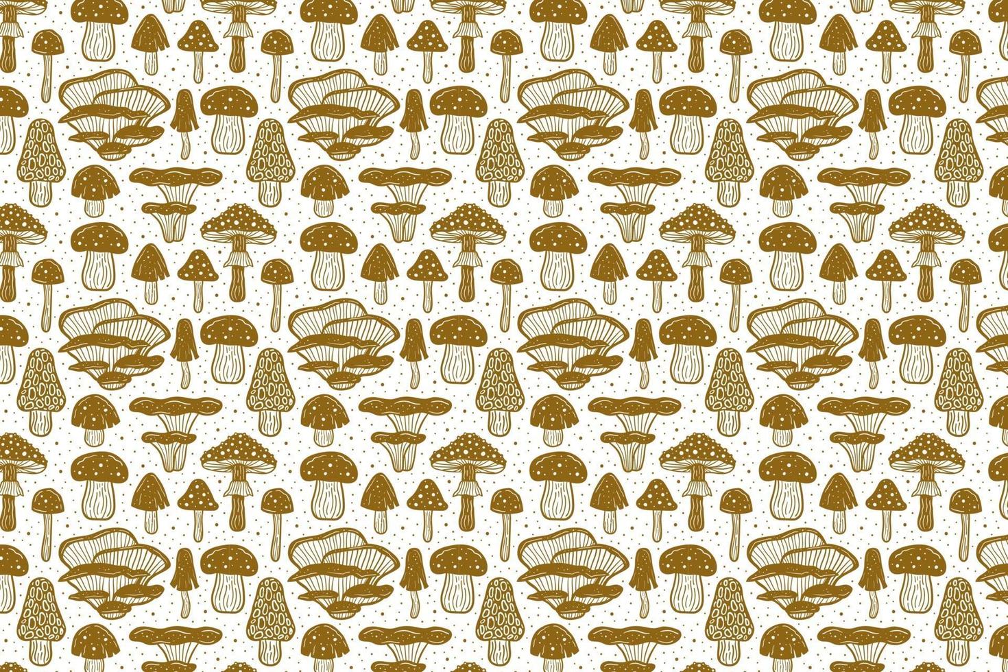 Forest mushrooms. Pattern, texture, background. Packaging design. Ink vector. Golden monochrome design. Botanic, nature. vector