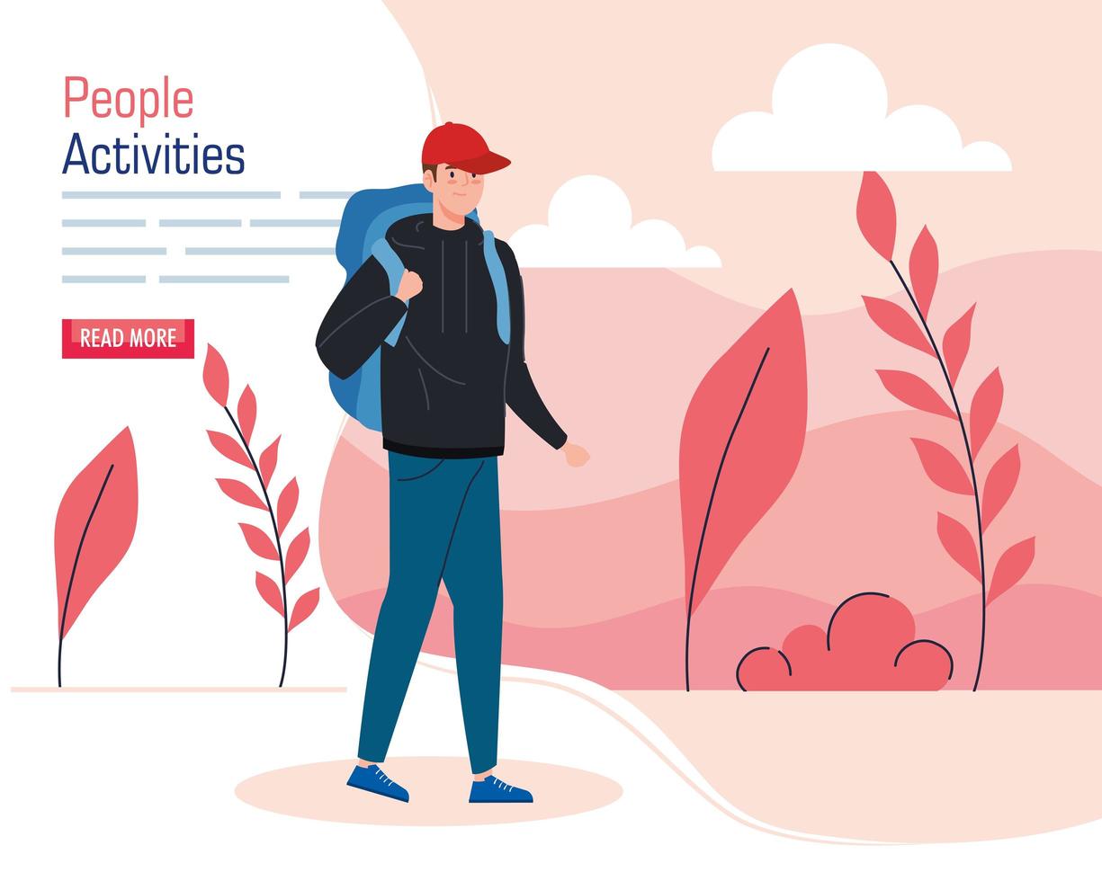 Banner with a young man hiking outdoors vector