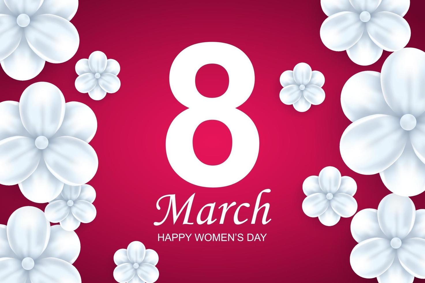 Happy women's day greeting card template. Beautiful white flowers on pink background. vector