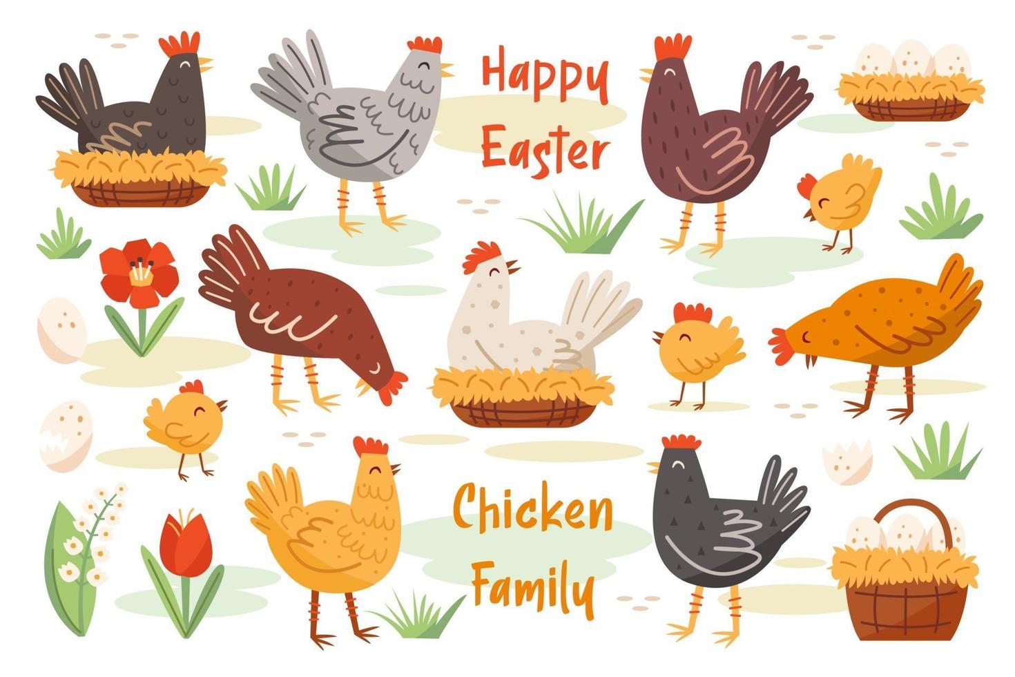 conjunto de familia de pollos. pollo, gallina, gallo. granja de animales domésticos, aves. elementos de pascua felices. vector