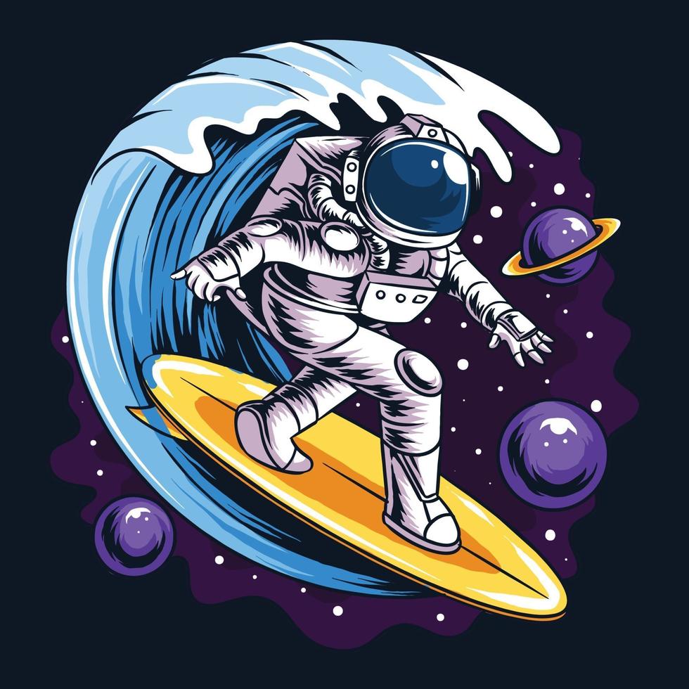 astronauts surf on a surfboard in space with stars, planets and ocean waves vector