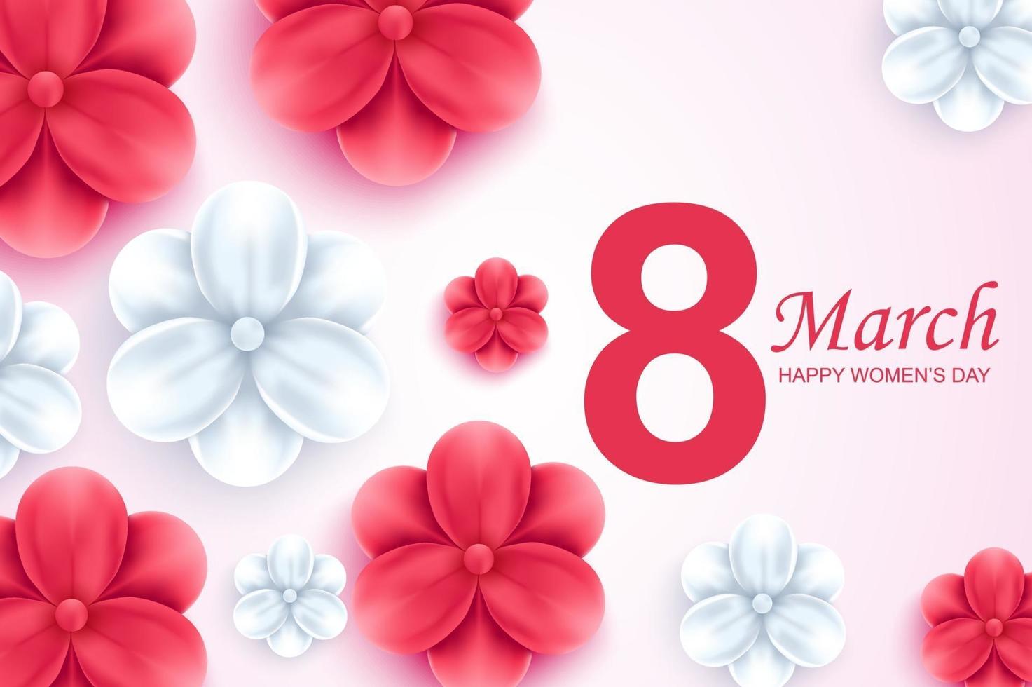 Happy women's day greeting card. Beautiful red and white flowers on light background. vector