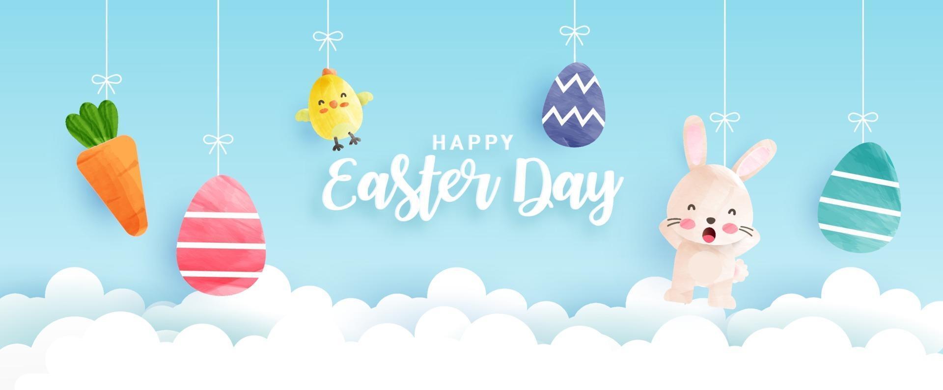 Easter day banner with cute chickens, rabbit and Easter eggs in water color style vector