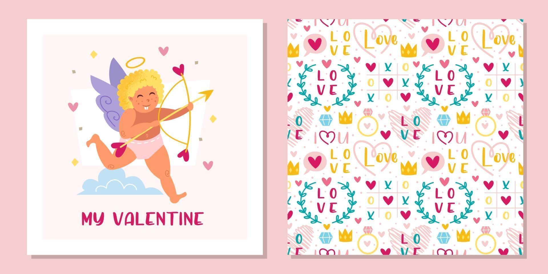 Cupido divertido con arco, halo y corazones. ángel, querubines, niño, bebé. Día de San Valentín. patrón sin costuras, textura. diseño de tarjetas de felicitación. vector