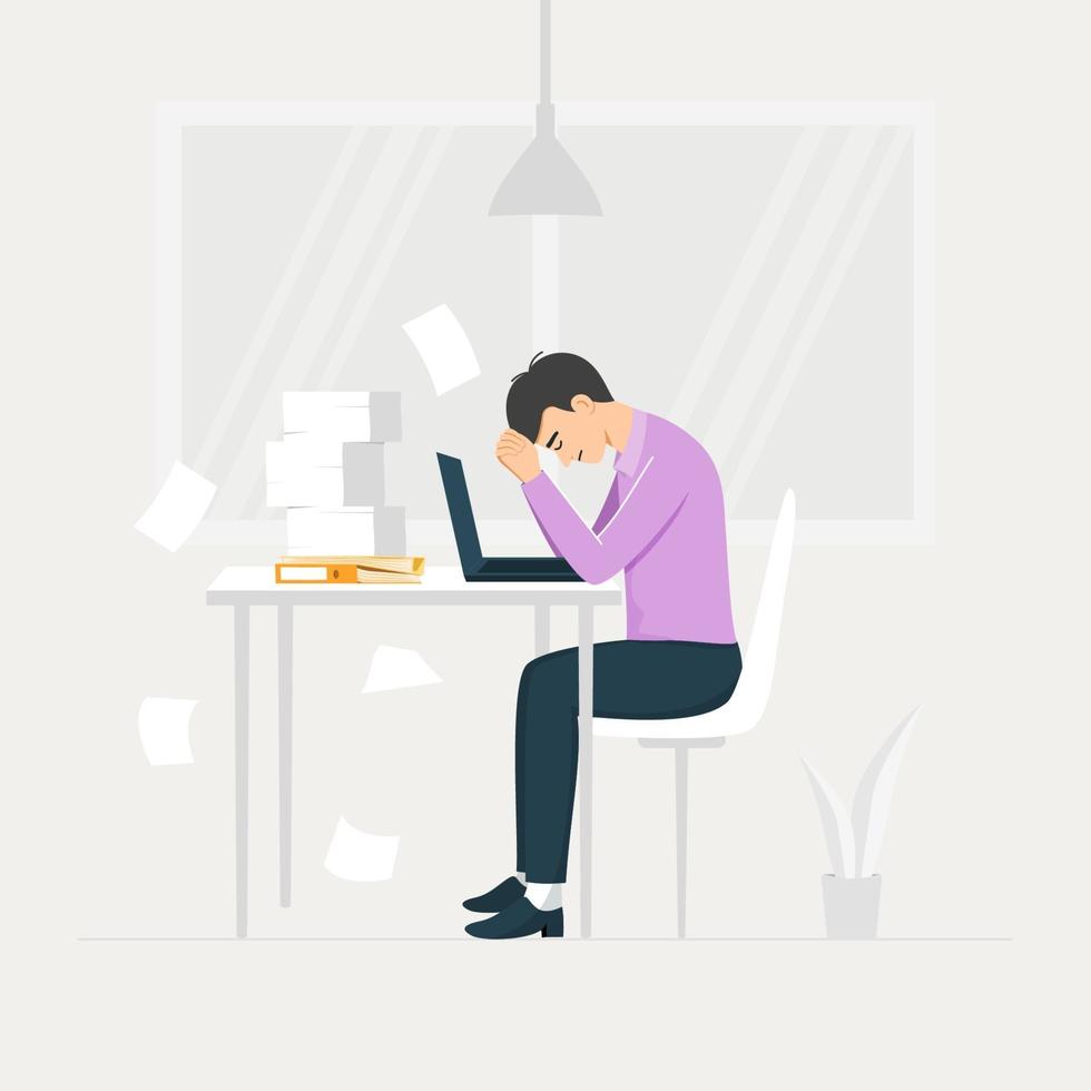 Stressed young male employee at workplace. Overworked concept. vector