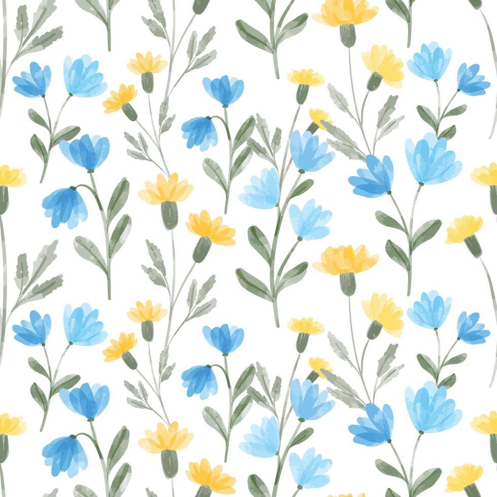 watercolor wildflower floral seamless pattern in yellow and blue color vector