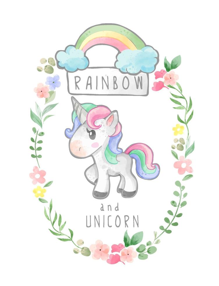 Rainbow and Unicorn in Floral Wreath Frame Illustration vector