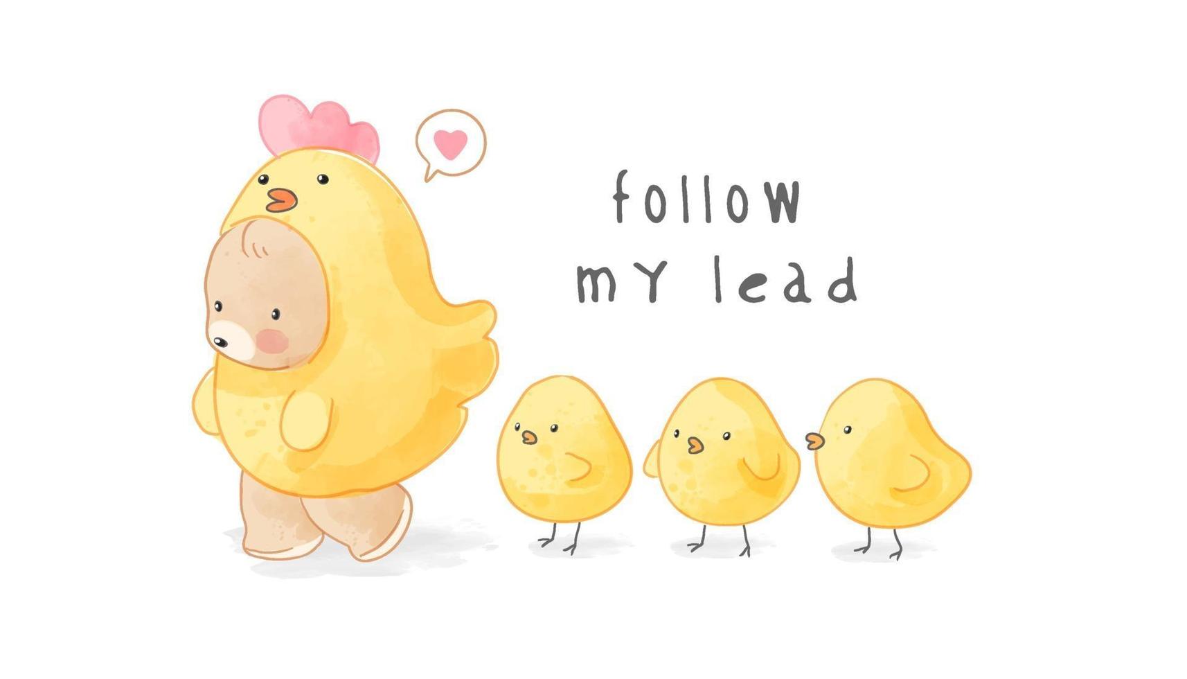 Cute Bear in Yellow Chicken Costume Followed by Baby Chicks Illustration vector