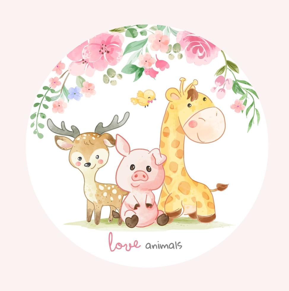 Cute Animal Friends and Colorful Flowers Illustration in Circle shape vector