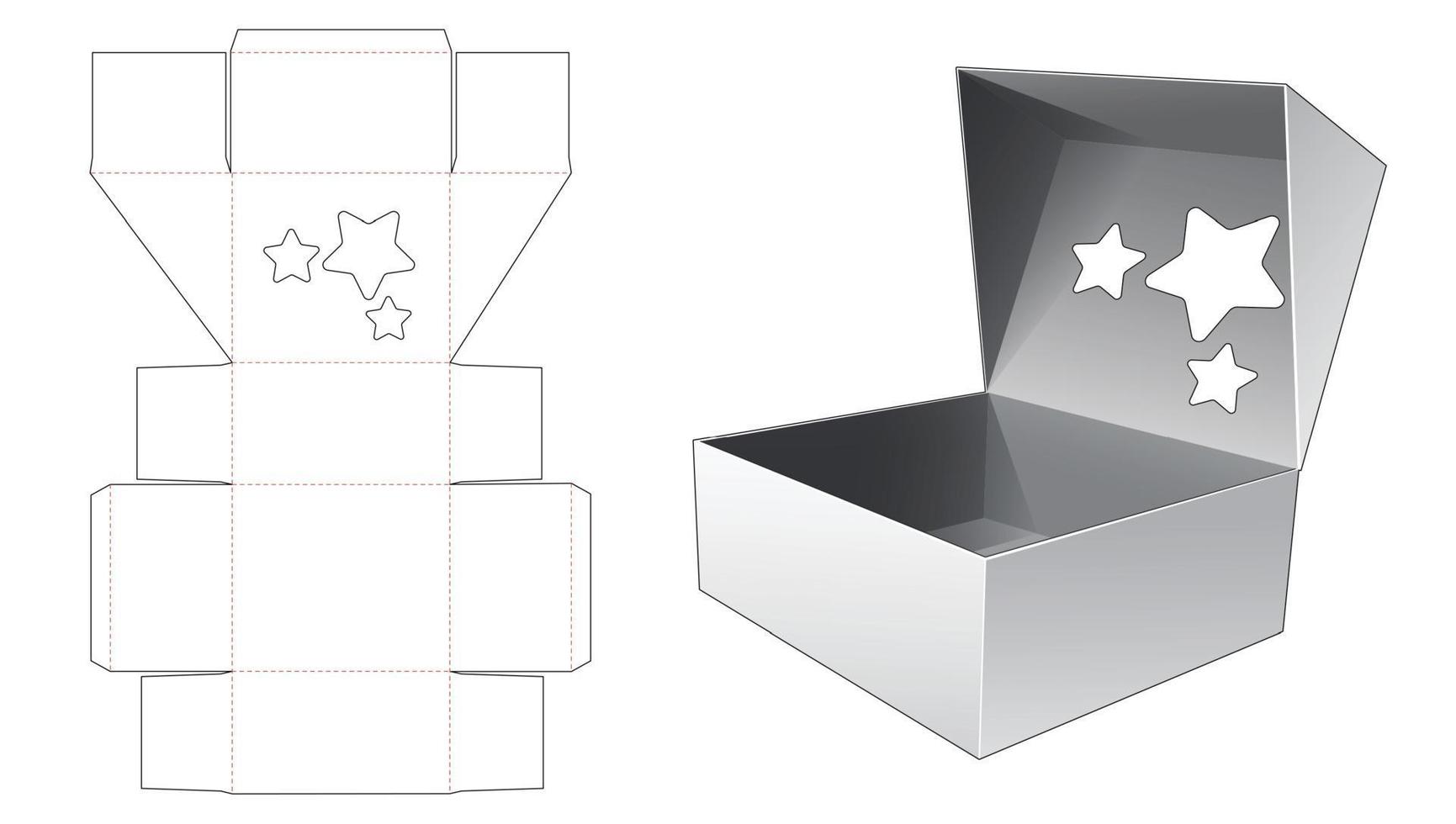 Gift box with top flip which has star shaped window die cut template vector