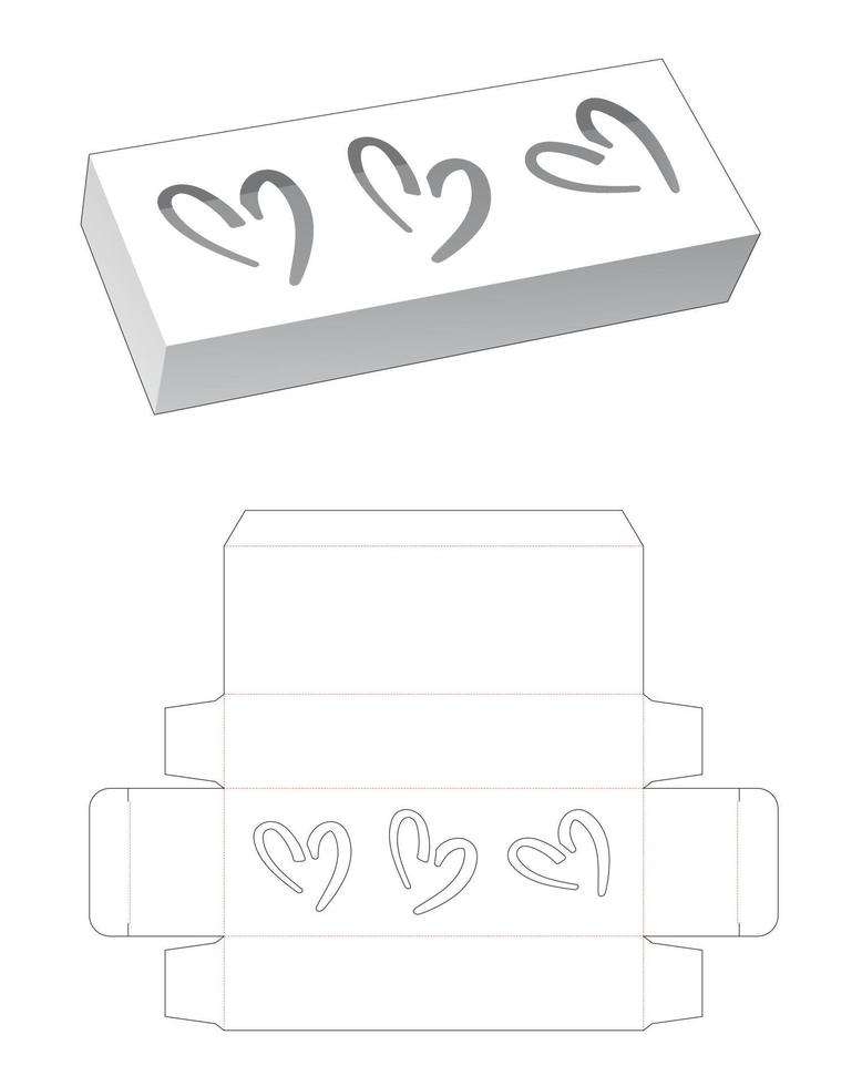 Long box with 3 hearts window die cut template vector