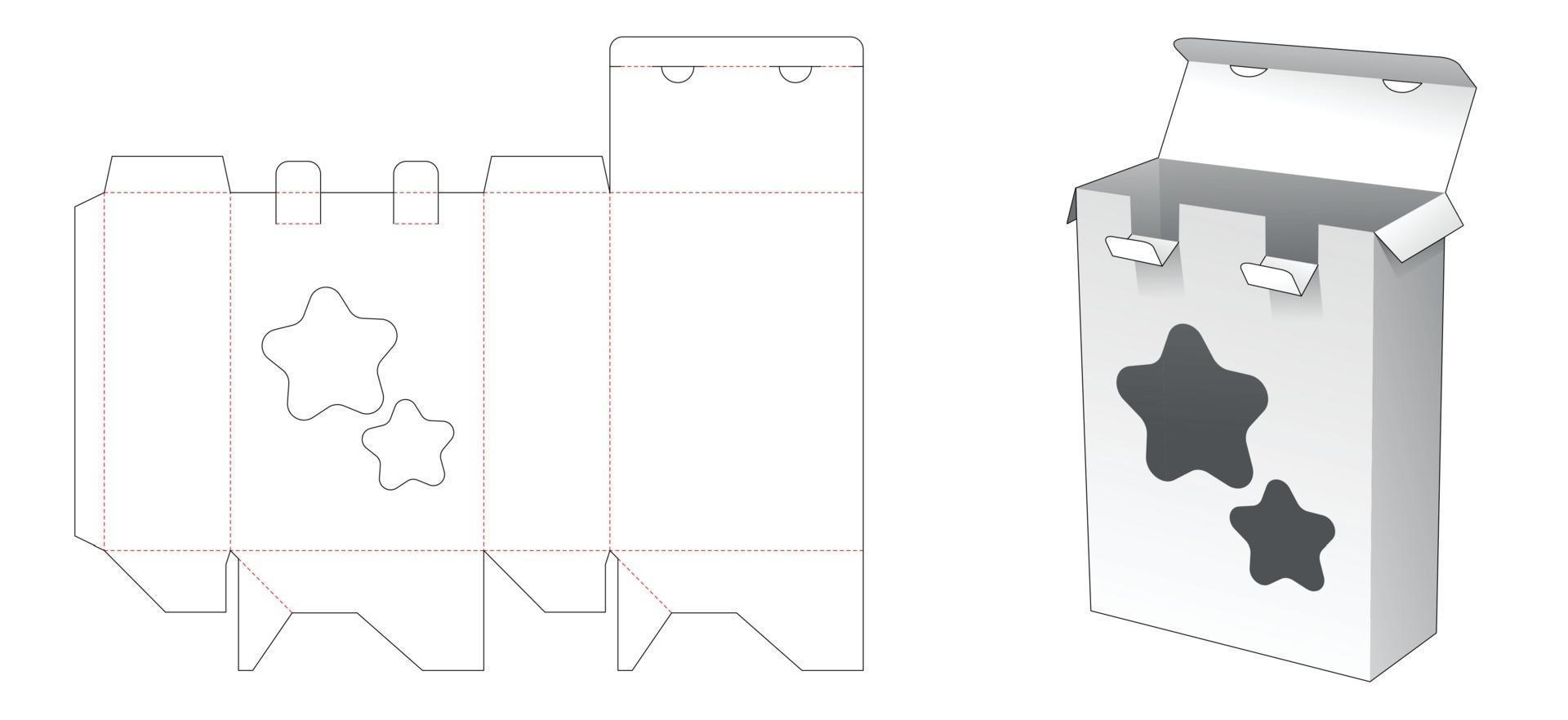 caja de embalaje con 2 puntos cerrados y plantilla troquelada de ventana en forma de estrella vector