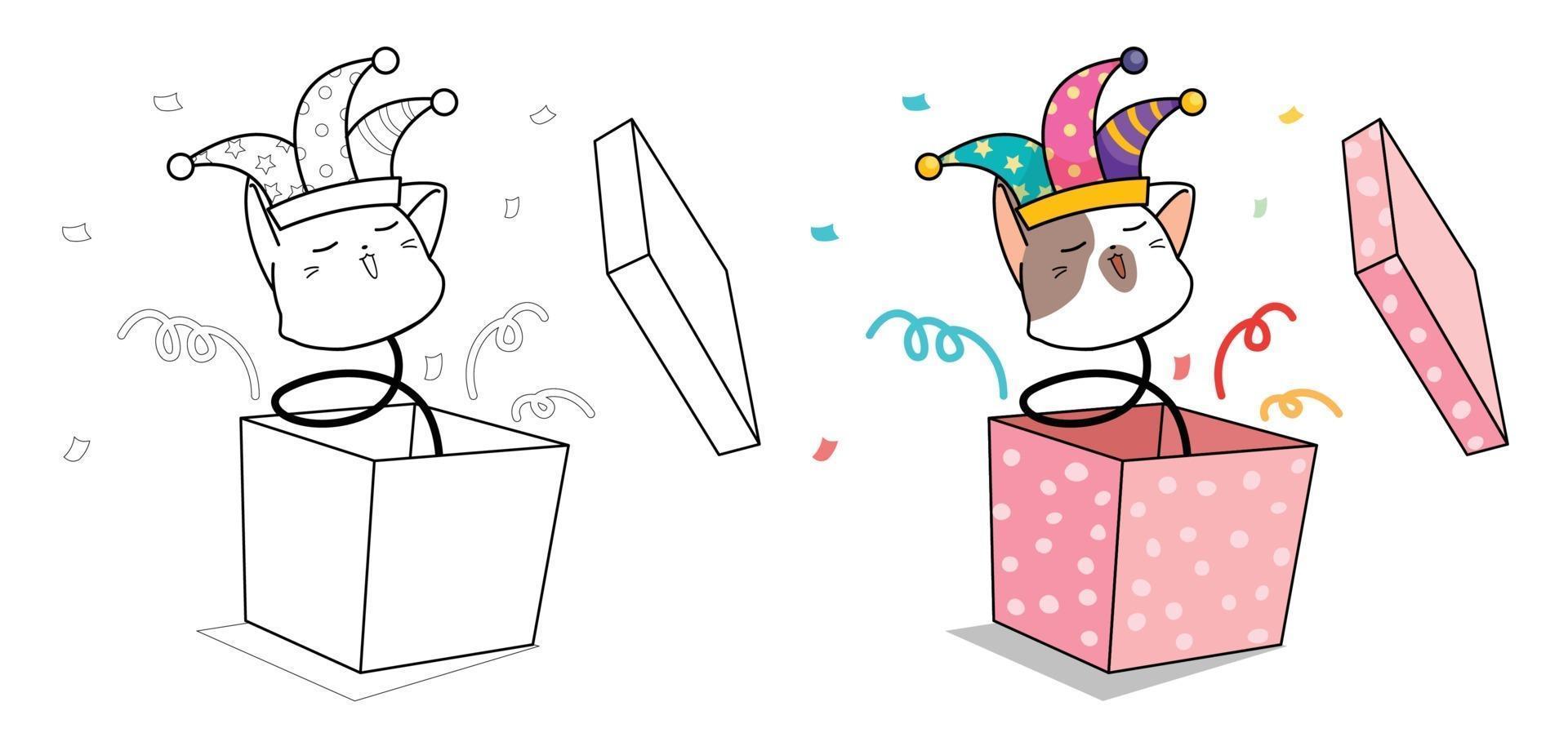 Linda cabeza de gato bufón en primavera en caja de regalo página para colorear de dibujos animados vector