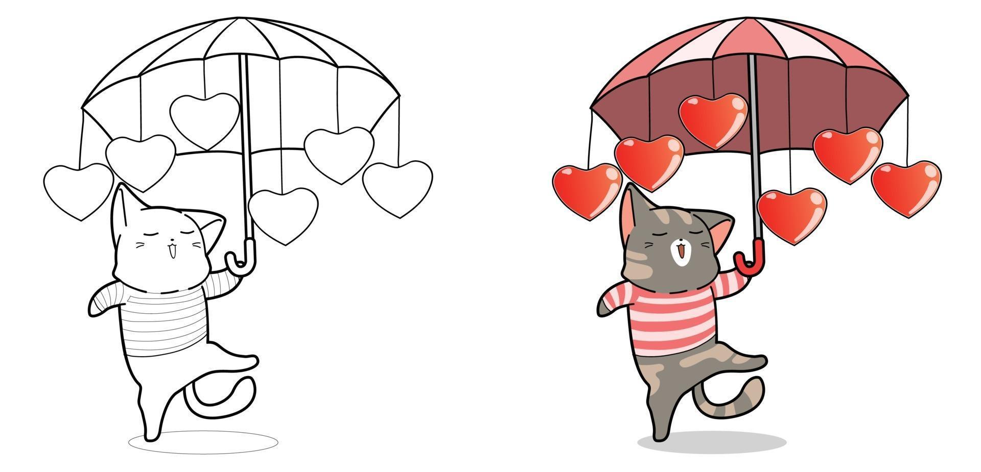 Cute cat is holding umbrella cartoon coloring page vector