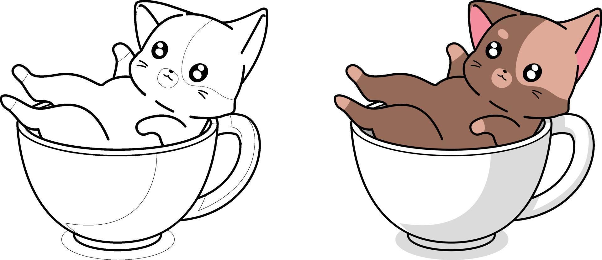 Cute cat in cup of coffee cartoon coloring page vector