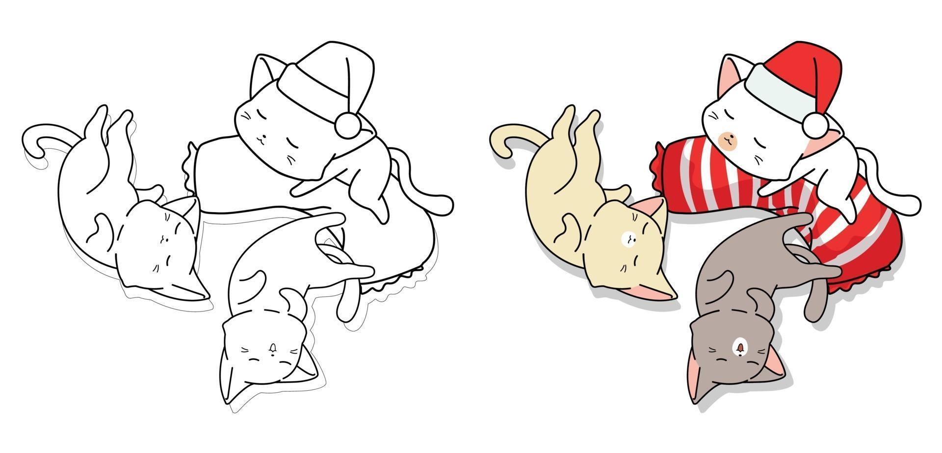 Cute sleeping cats cartoon coloring page vector