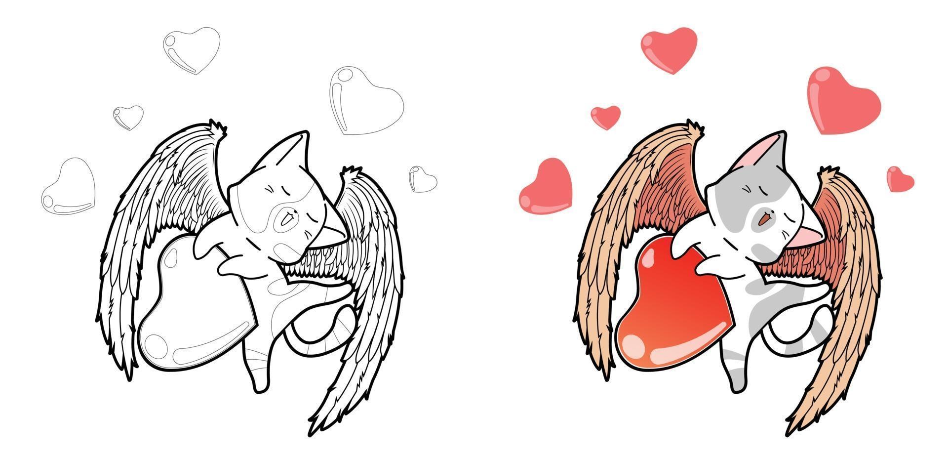 Personaje de gato Cupido con corazones página para colorear de dibujos animados vector