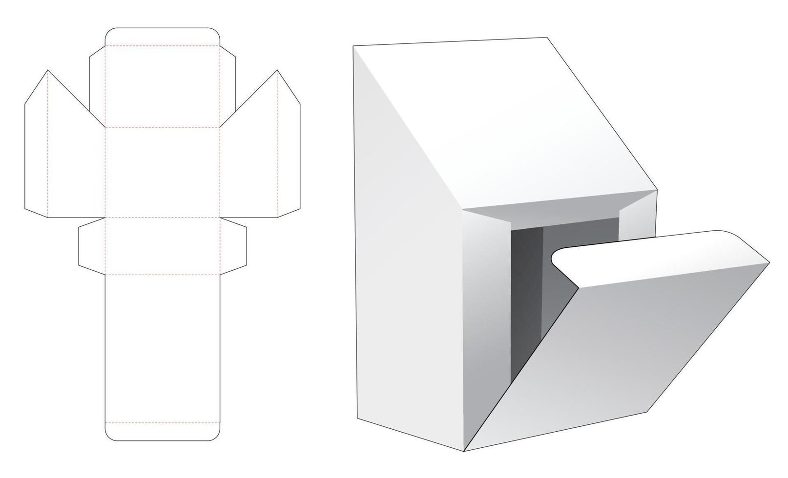 Cardboard chamfered top box and side opened point die cut template vector